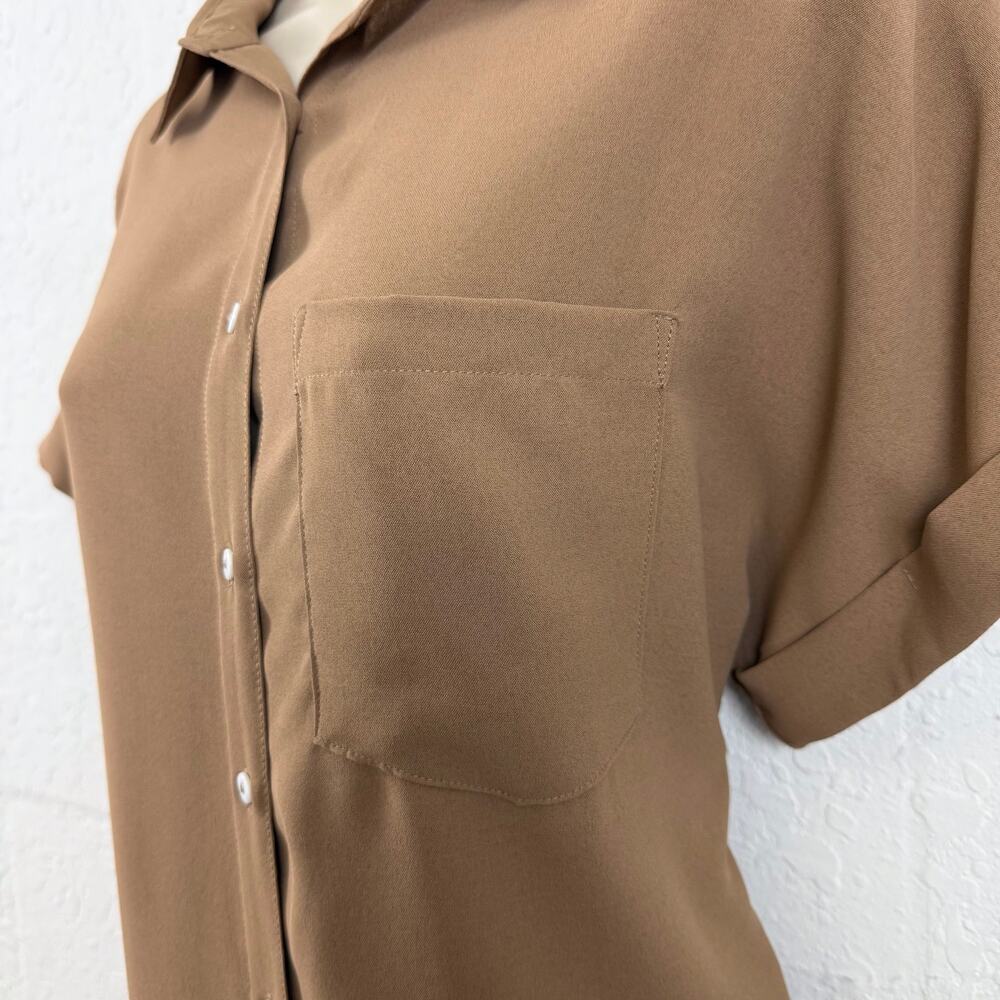 Beautife Tan Short Sleeve Button Front Blouse - Picture 7 of 16